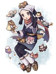 1girl akari_(pokemon) black_hair commentary eevee eyelashes fazibunnoe forehead full_body gen_1_pokemon gen_4_pokemon grey_eyes headscarf highres holding legs_together long_sleeves lopunny nintendo open_mouth poke_ball pokemon pokemon_(creature) pokemon_legends:_arceus pouch red_scarf sandals scarf shinx sidelocks snorlax socks solo white_headscarf white_socks wide_sleeves