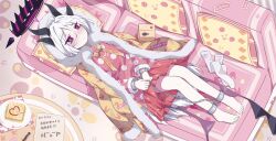 Rule 34 | 1girl, abigcarrot owo, absurdres, ahoge, blue archive, bound, bound legs, couch, cuffs, demon girl, demon horns, demon wings, handcuffs, highres, hina (blue archive), hina (pajamas) (blue archive), horns, indoors, jacket, long hair, lying, on couch, pajamas, pillow, pink pajamas, polka dot, polka dot pajamas, purple eyes, restrained, sandwiched, shackles, solo, table, tied up (nonsexual), white hair, wings, yellow jacket