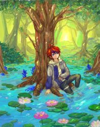 1boy ahoge black_streaks blue_eyes blue_jacket flower grey_jacket hood hoodie jacket jacket_over_hoodie lily_(flower) lily_pad male_focus multicolored_hair multicolored_jacket on_tree outdoors pond red_hair rinne_(maxbeat_hndr) short_hair soaking_feet streaked_hair sumino_takumi the_hundred_line_-last_defense_academy- tree two-tone_jacket white_hoodie