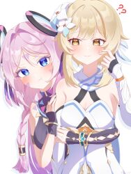 2girls :t ? ?? absurdres asymmetrical_gloves bare_shoulders black_gloves blonde_hair blue_eyes blush braid breasts citlali_(genshin_impact) cleavage closed_mouth commentary_request detached_sleeves dress facial_mark fingerless_gloves fingernails floating_headgear flower forehead_mark genshin_impact gloves hair_flower hair_ornament headgear highres kokoaji_(koko_aj1) long_hair looking_at_another lumine_(genshin_impact) medium_breasts multiple_girls nail_polish pink_hair pink_pupils purple_nails short_hair_with_long_locks simple_background sleeveless sleeveless_dress small_sweatdrop smile triangle triangle_facial_mark uneven_gloves very_long_hair white_background white_dress white_flower white_sleeves yellow_eyes yuri