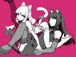 Rule 34 | 2boys, animal ears, arisa (yuki touko), bell, blunt bangs, bow, cat ears, collar, crop top, dress, elbow gloves, fake animal ears, fake tail, frilled dress, frills, garter belt, garter straps, gloves, greyscale with colored background, high heels, hime cut, holding another&#039;s tail, holding hands, knee up, leg lift, long hair, looking to the side, lying, male focus, mary janes, medium hair, mole, mole under eye, mole under mouth, multiple boys, neck bell, on back, original, ribbon, seira (yuki touko), shoes, short shorts, shorts, straddling, tail, tongue, tongue out, yuki touko