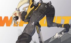 1girl absurdres ass black_blindfold black_pants black_shrug blindfold blonde_hair camouflage camouflage_jacket camouflage_pants feet_out_of_frame from_below gun gunblade hair_ornament highres holding holding_gun holding_weapon jacket kaba_(hama) latex_pants long_hair pants ponytail shrug_(clothing) triangle_hair_ornament trigger_(zenless_zone_zero) weapon zenless_zone_zero