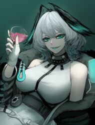 1girl absurdres aqua_eyes arknights bare_shoulders between_breasts breasts coat cup dress drinking_glass fangs feathered_wings fingerless_gloves gloves grey_hair hair_between_eyes hand_up head_wings highres ho&#039;olheyak_(arknights) holding holding_cup infection_monitor_(arknights) long_sleeves looking_at_viewer lucksup medium_hair open_clothes open_coat parted_lips smile solo strap_between_breasts teeth upper_body upper_teeth_only white_dress white_gloves wine_glass wings