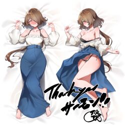 1girl absurdres areola_slip bare_shoulders barefoot black_bra black_panties blouse blue_skirt blush bra breasts brown_hair cameltoe character_request closed_mouth collarbone commission copyright_request dakimakura_(medium) hair_over_one_eye high-waist_skirt highres long_hair long_skirt multicolored_hair open_mouth orange_hair panties shirt skeb_commission skirt smile strap_slip streaked_hair sui_hi_sf sweat thank_you underwear yellow_eyes