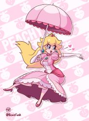 1girl :d :o =_= absurdres artist_name blonde_hair blue_eyes boxicfunk breasts brooch catchphrase crown dress earrings elbow_gloves eyelashes full_body gloves heart highres holding holding_umbrella jewelry lips long_hair mario_(series) medium_breasts multicolored_umbrella nintendo no_socks o_o open_hand open_mouth outline outstretched_arm parasol pink_background pink_dress pink_footwear pink_lips pink_umbrella princess princess_peach puffy_short_sleeves puffy_sleeves ring short_sleeves silhouette smile solo super_mario_bros._1 super_smash_bros. teeth turnip twitter_username umbrella upper_teeth_only white_background white_gloves white_outline white_umbrella