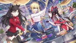 3girls artoria_pendragon_(fate) baseball_bat black_gloves black_hair black_skirt black_thighhighs blindfold blonde_hair blue_eyes blue_skirt braid braided_bun breasts commentary_request dress fate/stay_night fate/unlimited_blade_works fate_(series) fox_mask gabiran gloves hair_bun highres holding holding_baseball_bat holding_sword holding_weapon honkai:_star_rail honkai_(series) japanese_clothes long_hair long_skirt mask mask_on_head miniskirt multiple_girls night night_sky open_mouth red_dress red_sweater saber_(fate) shirt short_hair skirt sky small_breasts sparkle_(honkai:_star_rail) sweater sword thighhighs thighs tohsaka_rin twintails weapon white_shirt wooden_sword zettai_ryouiki