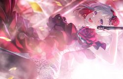 1girl :d black_pantyhose blurry blurry_background colored_inner_hair confetti cowboy_shot floral_print floral_print_shorts flower frilled_shirt frills game_cg headband highres holding holding_microphone link!_like!_love_live! looking_at_viewer love_live! microphone multicolored_hair non-web_source official_alternate_costume official_art open_mouth pantyhose pink_eyes print_shorts red_flower red_hair red_headband red_rose red_shirt rose rose_print shiawase_no_ribbon shirt short_shorts shorts single_bare_shoulder smile solo streaked_hair virtual_youtuber white_hair white_shirt yugiri_tsuzuri