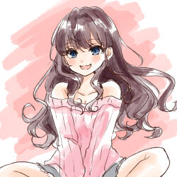 1girl :d blue_eyes blush breasts brown_hair cleavage feet_out_of_frame grey_shorts highres ichinose_shiki idolmaster idolmaster_cinderella_girls long_hair looking_at_viewer off-shoulder_sweater off_shoulder open_mouth pink_background pink_sweater ribbed_sweater rino_cnc shorts sitting small_breasts smile solo sweater two-tone_background very_long_hair white_background