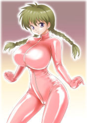 Rule 34 | 1girl, bodysuit, braid, breasts, brown hair, chikaburo, female focus, full-length zipper, highres, kyoukai no rinne, large breasts, latex, latex suit, long hair, looking at viewer, mamiya sakura, parted lips, purple eyes, shiny clothes, skin tight, solo, standing, twin braids, twintails, zipper
