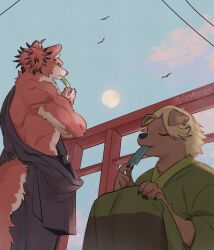 2boys aizawa_(nh_st) arm_out_of_sleeve black_kimono blonde_hair body_fur brown_fur claws commentary_request dog_boy eating food from_below full_moon furry furry_male highres holding holding_food holding_popsicle japanese_clothes kimono male_focus moon multiple_boys muscular muscular_male original outdoors popsicle red_fur red_hair short_hair simple_bird sitting tail wolf_boy yellow_eyes
