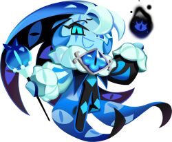 1boy androgynous blue_cape blue_gemstone blue_skin brooch cape colored_eyelashes colored_skin cookie_run cookie_run:_kingdom full_body game_cg gem heterochromia holding holding_staff icing icing_trim jewelry long_hair looking_at_viewer male_focus mismatched_eyelashes multicolored_hair official_art open_mouth orb shadow_milk_cookie short_hair slit_pupils smile solo staff third-party_source white_eyelashes