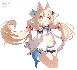 1girl :3 absurdres animal_ear_fluff animal_ears bikini bikini_under_clothes bikini_under_shorts blonde_hair blue_bikini blue_eyes blue_hair blue_nails blue_sailor_collar cat_ears closed_mouth commentary dress fang fang_out fins fish_girl fish_tail flat_chest frilled_bikini frilled_dress frilled_sailor_collar frills hands_up highleg highleg_bikini highres indie_virtual_youtuber lifebuoy_hair_ornament long_hair looking_at_viewer low_twintails multicolored_hair n3moni nail_polish navel one_side_up open_clothes open_dress paw_pose sailor_collar sailor_dress sameko_saba sandals short_shorts shorts side-tie_bikini_bottom solo streaked_hair striped_bikini striped_clothes swimsuit tail twintails very_long_hair white_background white_dress white_shorts