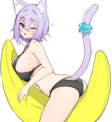 Rule 34 | animal ears, ass, banana boat, bikini, black bikini, blue scrunchie, breast rest, breasts, haseneko, hololive, large breasts, navel, nekomata okayu, purple eyes, purple hair, scrunchie, sideboob, swimsuit, tagme, tail