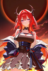 1girl absurdres arknights black_horns blue_jacket breasts brown_skirt cleavage closed_mouth collarbone hair_between_eyes highres horns jacket long_hair looking_at_viewer medium_breasts pink_eyes red_hair skirt solo surtr_(arknights) yueyueyue_yao