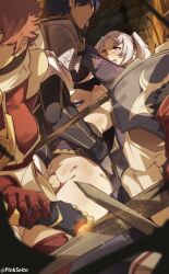 artist_name blue_hair breasts brown_eyes chrom_(fire_emblem) commentary english_commentary faceless faceless_male female_robin_(fire_emblem) fingerless_gloves fire_emblem fire_emblem_awakening frederick_(fire_emblem) gloves grabbing_another&#039;s_breast grey_gloves groping hetero highres hug large_breasts nintendo nipples orphen_(pink_seito) parted_bangs penis pussy red_gloves red_hair sex short_hair stone_wall sully_(fire_emblem) sword twintails twitter_username uncensored vaginal weapon white_hair