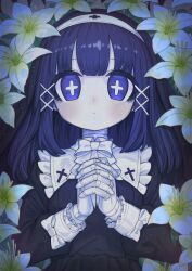 1girl black_dress blue_eyes blue_hair blush bow bowtie closed_mouth commentary_request cross cross-shaped_pupils doll_joints dot_mouth dot_nose dress flower flower_request frilled_shirt_collar frills hair_ornament hairband interlocked_fingers joints ketopon lily_(flower) long_sleeves looking_at_viewer medium_hair nun original solo straight-on symbol-shaped_pupils upper_body white_bow white_bowtie white_flower white_hairband x_hair_ornament