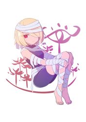 1girl absurdres bandages barefoot blonde_hair bodysuit breasts closed_mouth commentary full_body hair_over_one_eye highres looking_at_viewer nintendo red_eyes sheik short_hair simple_background solo supure647 the_legend_of_zelda the_legend_of_zelda:_ocarina_of_time white_background