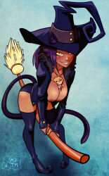 Rule 34 | 1girl, animal ears, areola slip, ass, blair (soul eater), blair (soul eater) (cosplay), bleach, blush, boots, breasts, broom, broom riding, cat, cat ears, cat girl, cat tail, cleavage cutout, clothing cutout, commission, cosplay, dark-skinned female, dark skin, halloween, hat, large breasts, looking at viewer, makeup, my pet tentacle monster, nipple slip, nipples, purple hair, shihouin yoruichi, smile, soul eater, tail, thick thighs, thighhighs, thighs, witch, witch hat, yellow eyes