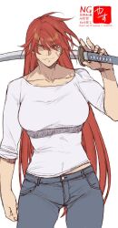 1girl denim jeans katana pants red_hair scar scar_on_face smile sword weapon yasunososaku