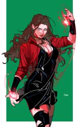 1girl absurdres arm_warmers artist_name avengers:_age_of_ultron avengers_(series) black_dress black_nails black_thighhighs border breasts brown_hair cleavage cowboy_shot dress fingernails gem green_background green_eyes hand_up highres jacket jewelry karmaho lapels large_breasts lips long_hair long_sleeves looking_at_viewer magic marvel marvel_cinematic_universe nail_polish necklace open_clothes open_jacket outside_border red_gemstone red_jacket red_pupils simple_background solo standing teeth thighhighs torn_clothes torn_thighhighs wanda_maximoff wavy_hair white_border