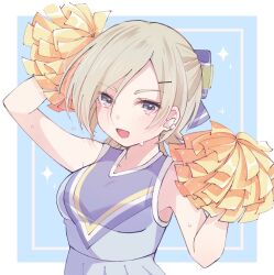 Rule 34 | 1girl, blonde hair, blush, bow, breasts, cheerleader, collarbone, ear piercing, hair bow, highres, holding, holding pom poms, looking at viewer, love live!, love live! nijigasaki high school idol club, medium breasts, mia taylor, notyu maru, open mouth, piercing, pom pom (cheerleading), pom poms, purple bow, purple eyes, purple shirt, shirt, short hair, sleeveless, sleeveless shirt, solo, sweat, upper body