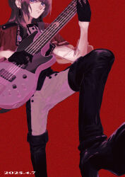 1girl bang_dream! bang_dream!_it&#039;s_mygo!!!!! bass_guitar black_boots black_gloves black_hair black_vest blue_eyes boots capelet commentary_request dated diagonal_bangs doanobu8817 earrings gloves half_gloves high_heel_boots high_heels highres holding holding_bass_guitar holding_instrument instrument jewelry medium_hair music pants parted_bangs playing_bass_guitar playing_instrument red_background red_capelet revision see-through_clothes see-through_sleeves simple_background solo thigh_boots timoris_(bang_dream!) two-tone_pants vest yahata_umiri
