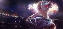 1girl aerial_fireworks building cloud cloudy_sky fireworks from_behind hair_bun hair_ornament hand_in_own_hair highres japanese_clothes kimono lake long_sleeves monogatari_(series) nape night night_sky oikura_sodachi owarimonogatari revision rhinth scenery single_hair_bun sky solo star_(sky) starry_sky upper_body white_hair yukata
