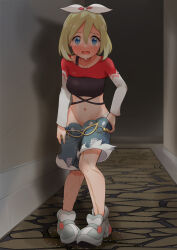 1girl @_@ black_shirt blonde_hair blue_eyes blue_shorts blush breasts caught clothes_pull collarbone creatures_(company) crop_top embarrassed female_focus full_body game_freak grey_shoes groin hair_between_eyes hairband hallway have_to_pee indoors irida_(pokemon) irida_(special_costume)_(pokemon) knees_together_feet_apart long_sleeves looking_at_viewer medium_breasts mizuumi_(expanse_lake) navel nintendo nose_blush open_mouth panties panty_pull pee peeing peeing_self pigeon-toed pokemon pokemon_masters_ex puddle pulling_own_clothes shirt shoes short_hair short_shorts shorts shorts_pull shrug_(clothing) sidelocks single_strap solo standing stomach surprised sweat tears textless_version underwear undressing wet wet_shorts white_hairband white_panties wide-eyed
