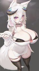 +_+ 1girl animal_ear_fluff animal_ears bare_shoulders black_bra black_choker black_thighhighs bra breasts choker cleavage fraeya_(vtuber) grey_background hair_between_eyes hiragana_oufu horns huge_breasts indie_virtual_youtuber long_hair multicolored_hair off-shoulder_sweater off_shoulder pink_hair presenting_bra purple_eyes second-party_source shoulder_tattoo solo sweater symbol-shaped_pupils tail tattoo thighhighs two-tone_hair underwear virtual_youtuber wolf_ears wolf_girl wolf_tail