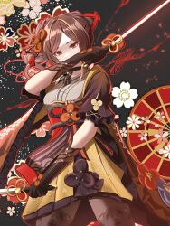 Rule 34 | 1girl, absurdres, black gloves, black pantyhose, blonde hair, breasts, brown hair, chiori (genshin impact), commentary request, covering own mouth, dual wielding, genshin impact, gloves, grey kimono, hair ornament, hand up, highres, holding, japanese clothes, kimono, large breasts, obi, pantyhose, red eyes, red sash, sash, solo, yuudachi (yu datip)