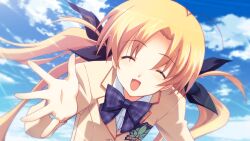 1girl antenna_hair black_bow blazer blonde_hair blue_sky blush bow bowtie chaos;head chaos;head_love_chu_chu! closed_eyes cloud cloudy_sky collared_shirt facing_viewer from_below game_cg hair_bow happy jacket jewelry lapels leaning_forward long_hair matsuo_yukihiro notched_lapels official_art open_mouth orihara_kozue ornate_ring outstretched_hand palms plaid_bow plaid_bowtie plaid_clothes purple_bow purple_bowtie red_trim ring school_emblem school_uniform shirt sky solo suimei_school_uniform sunlight tongue twintails white_shirt