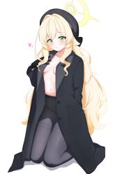 1girl :3 black_coat black_gloves black_hat black_pantyhose blonde_hair blue_archive blush breasts coat collarbone commentary_request double-parted_bangs fluffy_hair full_body gloves green_eyes hair_between_eyes hair_intakes halo hat heart highres hururu_game kneeling long_hair long_sleeves looking_at_viewer navel no_pants no_shirt open_clothes open_coat pantyhose professor_niyaniya_(blue_archive) shadow sidelocks simple_background small_breasts solo stomach thighband_pantyhose very_long_hair white_background yellow_halo