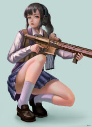 1girl aac_honey_badger absurdres black_hair blue_skirt earmuffs gun highres holding holding_gun holding_weapon load_bearing_vest long_hair original ponytail school_uniform shirt skirt solo squatting tactical_clothes tactical_school_uniform thighs trigger_discipline weapon white_shirt youotaku