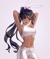 1girl :d animal_ears armpits arms_behind_head arms_up black_eyes black_hair breasts cowboy_shot crop_top dark-skinned_female dark_skin earrings fymrie jewelry large_breasts long_hair looking_at_viewer midriff navel open_mouth original pants ponytail rabbit_ears shirt sleeveless sleeveless_shirt smile solo standing stomach stud_earrings very_long_hair white_pants white_shirt