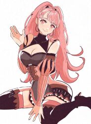 1girl boots breasts chimney_(chimney0311) cleavage closed_mouth dress earrings fire_emblem fire_emblem:_three_houses highres hilda_valentine_goneril hilda_valentine_goneril_(timeskip) hoop_earrings jewelry large_breasts long_hair looking_at_viewer nintendo pink_eyes pink_hair ponytail simple_background sitting smile solo thigh_boots very_long_hair wariza white_background