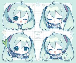 1girl :d ;d ^_^ ahoge artist_name bare_shoulders black_sleeves blush_stickers character_name closed_eyes collared_shirt commentary cropped_torso detached_sleeves food green_eyes green_hair grey_shirt grid_background hatsune_miku headset highres holding holding_food holding_own_hair holding_spring_onion holding_vegetable long_hair looking_at_viewer multiple_views nada_namie one_eye_closed open_mouth outline outside_border shirt sleeveless sleeveless_shirt smile spring_onion symbol-only_commentary twintails twitter_username vegetable vocaloid white_background white_outline