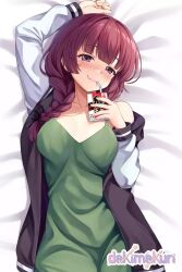 1girl alcohol_carton arm_up bed_sheet black_jacket blunt_bangs bocchi_the_rock! braid breasts dakimakura_(medium) denhijou_niki dress fang from_above green_dress hair_over_shoulder highres hiroi_kikuri jacket lying medium_breasts multicolored_jacket on_back on_bed open_clothes open_jacket purple_eyes purple_hair solo two-tone_jacket white_sleeves