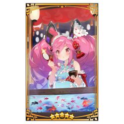 1girl bell blue_dress blush breasts cleo_(dragalia_lost) cleo_(yukata)_(dragalia_lost) dragalia_lost dress fish flower goldfish goldfish_scooping hair_flower hair_ornament japanese_clothes kimono lantern large_breasts official_art open_mouth paper_lantern pink_eyes pink_hair solo third-party_source yukata yuuhi_homare