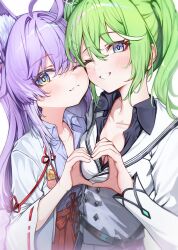2girls animal_ears blue_eyes closed_mouth fox_ears fox_girl green_hair ha_en heart heart_hands heart_hands_duo highres long_hair long_sleeves looking_at_viewer medium_hair multiple_girls one_eye_closed parted_lips purple_hair stellive tenko_shibuki virtual_youtuber yuzuha_riko