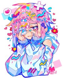 1boy ahoge artist_logo bandage_on_face bandages bandaid bandaid_on_hair bite_mark bite_mark_on_hand bite_mark_on_shoulder blue_nails bruise bruise_on_face detached_sleeves emoji explosion eyepatch fang flying_sweatdrops half-closed_eyes hands_on_own_face heart highres hood hood_down hoodie injury logo long_sleeves male_focus medical_eyepatch open_mouth original pill pink_eyes pink_hair pink_nails pleading_face_emoji raito-kun_(uenomigi) short_hair sideways_glance simple_background skin_fang sleeveless sleeveless_hoodie solo spoken_heart sweat translation_request trap uenomigi white_background white_hoodie white_sleeves