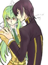... 2017 ashford_academy_school_uniform black_jacket bow brown_hair c.c. code_geass collared_shirt couple dated green_hair green_neckwear hair_between_eyes hair_bow hand_on_another&#039;s_shoulder highres jacket lelouch_vi_britannia long_hair long_sleeves looking_back necktie orange_eyes purple_eyes roman_buriki school_uniform shirt signature sketch speech_bubble sweatdrop v-shaped_eyebrows very_long_hair white_bow white_shirt wing_collar yellow_jacket