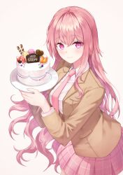 1girl absurdres blazer brown_jacket cake closed_mouth collared_shirt commentary_request cowboy_shot food happy_birthday hayo_(dydgk6664) highres holding holding_plate honey_churros indie_virtual_youtuber jacket korean_commentary long_hair long_sleeves looking_at_viewer necktie open_clothes open_jacket pink_eyes pink_hair pink_necktie pink_skirt plate pleated_skirt school_uniform shirt simple_background skirt smile solo very_long_hair virtual_youtuber white_background white_shirt
