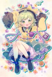 1girl :d amo_(shibu3) black_boots black_hat bloomers boots bow collared_shirt flower frilled_shirt_collar frills full_body green_eyes green_hair green_skirt hashtag-only_commentary hat hat_bow heart highres knife koishi_day komeiji_koishi long_sleeves open_mouth orange_flower purple_flower shirt short_hair skirt sleeves_past_fingers sleeves_past_wrists smile solo star_(symbol) third_eye touhou underwear watermark white_bloomers wide_sleeves yellow_background yellow_flower yellow_shirt