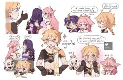1boy 3girls aether_(genshin_impact) anger_vein animal_ears armor blonde_hair blush braid bridal_gauntlets commentary crop_top crystal_hair_ornament dango detached_sleeves dress earrings english_commentary english_text fan_hair_ornament flower food fox_ears fox_girl genshin_impact gloves hair_flower hair_ornament halo japanese_clothes jewelry kimono long_hair low-braided_long_hair low-tied_long_hair mechanical_halo midriff mole mole_under_eye multiple_girls nonons nontraditional_miko paimon_(genshin_impact) parted_bangs pink_hair purple_eyes purple_hair purple_kimono raiden_shogun romper scarf shoulder_armor shrug_(clothing) sidelocks speech_bubble sword thumbs_up wagashi weapon white_dress white_hair white_romper yae_miko yuri