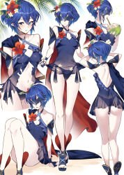 1girl ameno_(a_meno0) bikini blue_bikini blue_eyes blue_gloves blue_hair blush braid brand_of_the_exalt breasts butterfly_mask cape closed_eyes coconut coconut_cup crown_braid fingerless_gloves fire_emblem fire_emblem_awakening fire_emblem_heroes flower gloves hair_flower hair_ornament hibiscus looking_at_viewer lucina_(fire_emblem) lucina_(summer)_(fire_emblem) marth_(fire_emblem_awakening) mask masked navel nintendo official_alternate_costume see-through_clothes short_hair small_breasts smile solo swimsuit