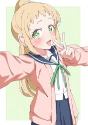 1girl blonde_hair blue_sailor_collar blue_skirt blush collarbone crust_gm0 dot_nose feet_out_of_frame female_focus green_eyes inose_mai koisuru_asteroid long_hair long_sleeves looking_at_viewer open_clothes open_mouth open_sweater pink_sweater ponytail sailor_collar school_uniform serafuku shirt skirt solo standing sweater v white_shirt