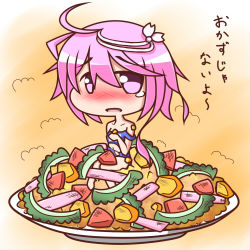 10s 1girl ahoge bitter_melon blush chibi feiton female_focus food hair_ornament i-58_(kancolle) in_food kantai_collection looking_at_viewer name_connection nyotaimori object_namesake pun purple_eyes purple_hair school_swimsuit short_hair solo swimsuit torn_clothes torn_swimsuit translation_request