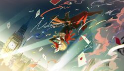 Rule 34 | 1girl, ;), ace (playing card), ace of hearts, black leotard, blonde hair, brown eyes, card, character name, clothes around waist, confetti, dutch angle, elizabeth tower, envelope, falling, feifeifeifeifeiniao aska, full body, gloves, hands up, heart, highres, holding, holding envelope, leotard, london, long sleeves, low ponytail, melania (reverse:1999), night, night sky, one eye closed, outdoors, outstretched arm, outstretched hand, pantyhose, playing card, ponytail, red gloves, red pantyhose, reverse:1999, sky, smile, smoke, solo, spotlight, streamers, sunglasses, upside-down