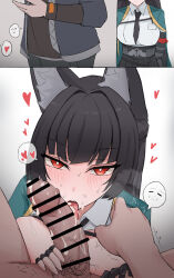 1boy 1girl 2koma absurdres animal_ear_fluff animal_ears bar_censor black_hair blush breasts breasts_out censored cisyo comic cum cum_on_body cum_on_penis erection fellatio fox_ears fox_girl heart hetero highres hoshimi_miyabi licking licking_penis long_hair looking_at_viewer male_pubic_hair open_mouth oral penis pubic_hair red_eyes sweat tongue tongue_out trembling veins veiny_penis wise_(zenless_zone_zero) zenless_zone_zero
