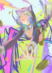 1girl absurdres animal_ear_fluff animal_ears animal_hood armored_boots black_hood blue_hair boots braid breasts cat_ears cat_girl cat_hood cat_tail cipher_(honkai:_star_rail) cleavage cleavage_cutout clothing_cutout coin ears_through_hood fang fingernails floating_hair gold_boots gold_coin green_eyes highres honkai:_star_rail honkai_(series) hood hood_up large_breasts long_sleeves looking_at_viewer making-of_available mole mole_on_chest nail_polish open_mouth outstretched_arms outstretched_hand renyu1012 side_braid single_braid solo spread_fingers tail unitard yellow_nails